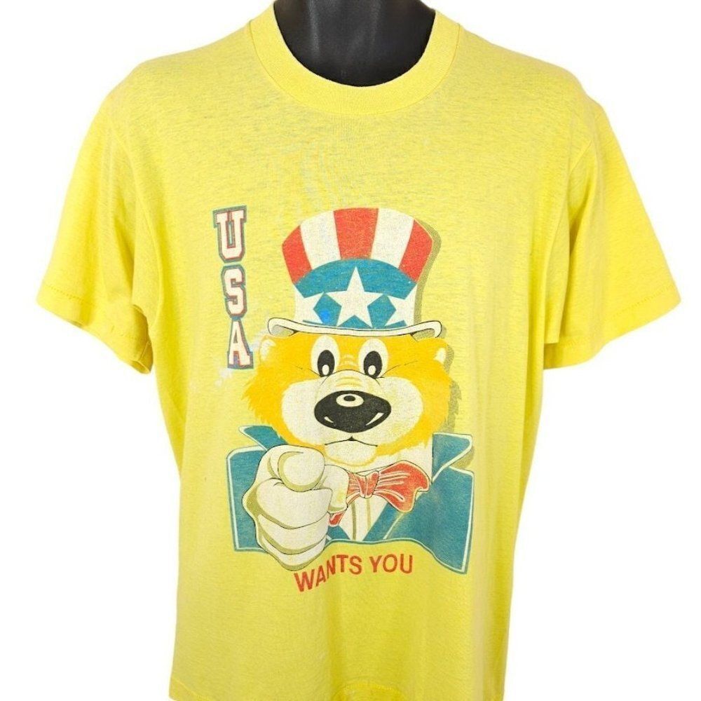 Vintage Uncle Sam Bear T Shirt Mens Size Medium 80s 90s USA Wants You Patriotic